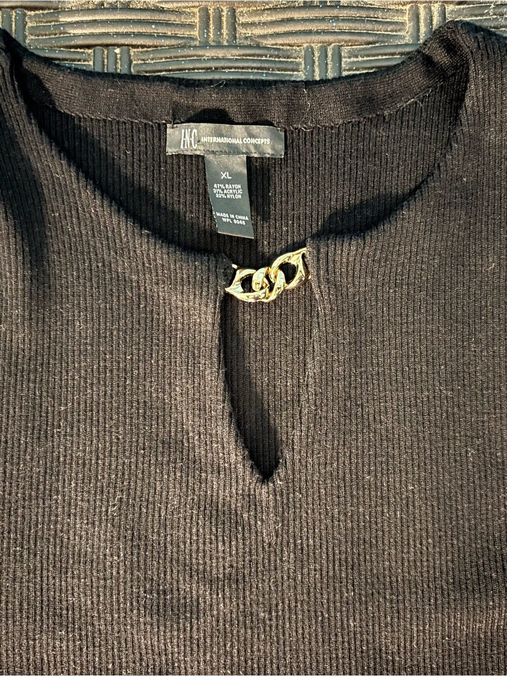 Womens INC International Concepts Black Ribbed Top with Gold Chain Detail